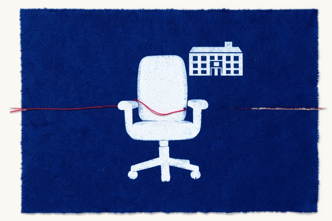 Employment and labour law for foreign employers in Türkiye: a small chess pawn tied by a red thread to a large empty office chair, an office block behind, cyanotype print