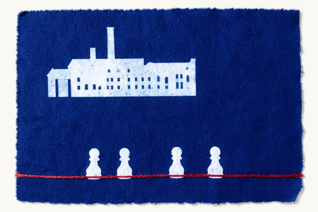 Employment and labour law for foreign employers in Türkiye: a row of small chess pawns walking along a red thread into a factory with a chimney, cyanotype print