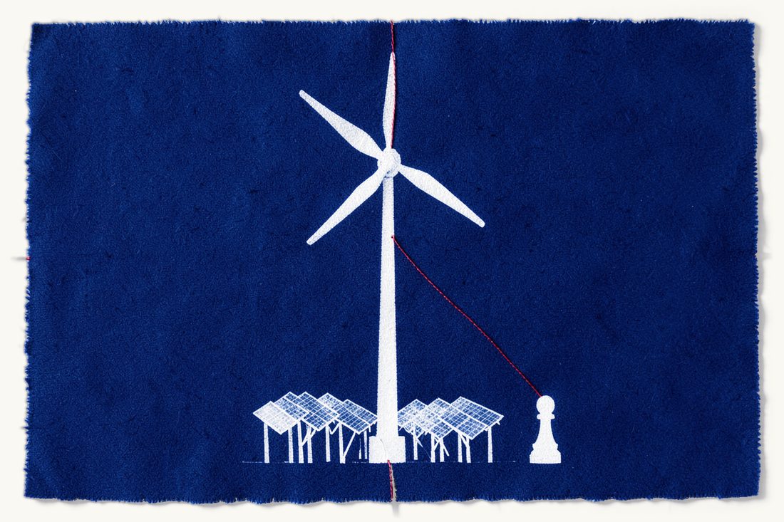 Energy and natural resources projects in Türkiye: a tall three-bladed wind turbine above a row of solar panels, a red thread leading to a small chess pawn, cyanotype print