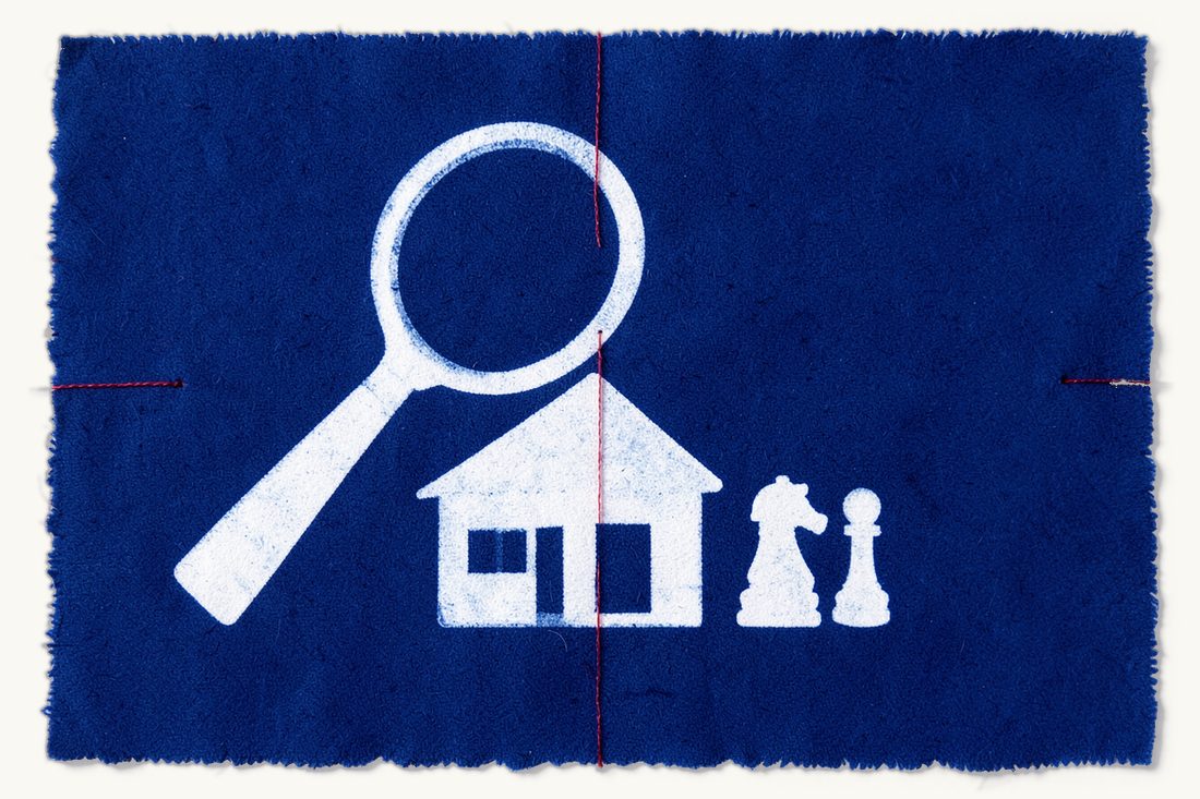 Independent buyer-side property due diligence in Turkey: a large magnifying glass over a small house, a chess knight tied by a red thread to the buyer's pawn, cyanotype print