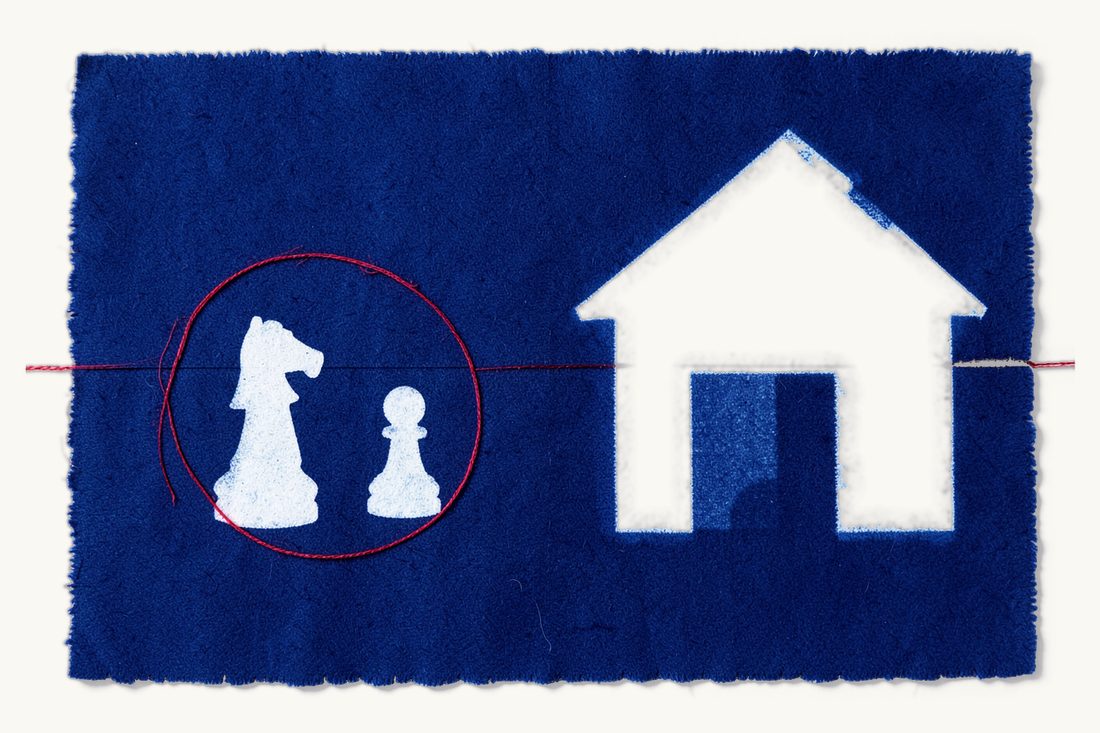 A lawyer who acts only for the property buyer: a red thread circling a chess knight and pawn together, a house standing outside the circle, cyanotype print