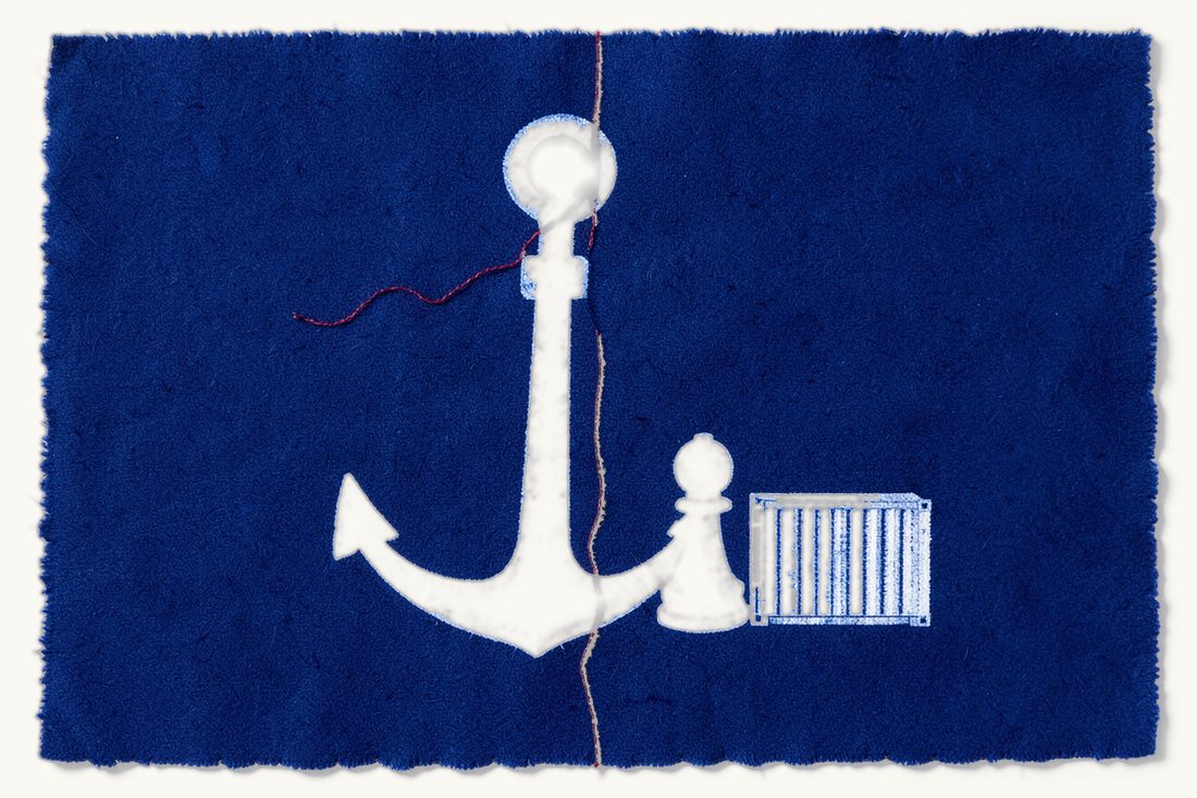 Maritime and transport law in Turkey: a large upright ship's anchor, the red thread running from its ring in a wavy line to a small pawn beside a stack of blank shipping containers, cyanotype print