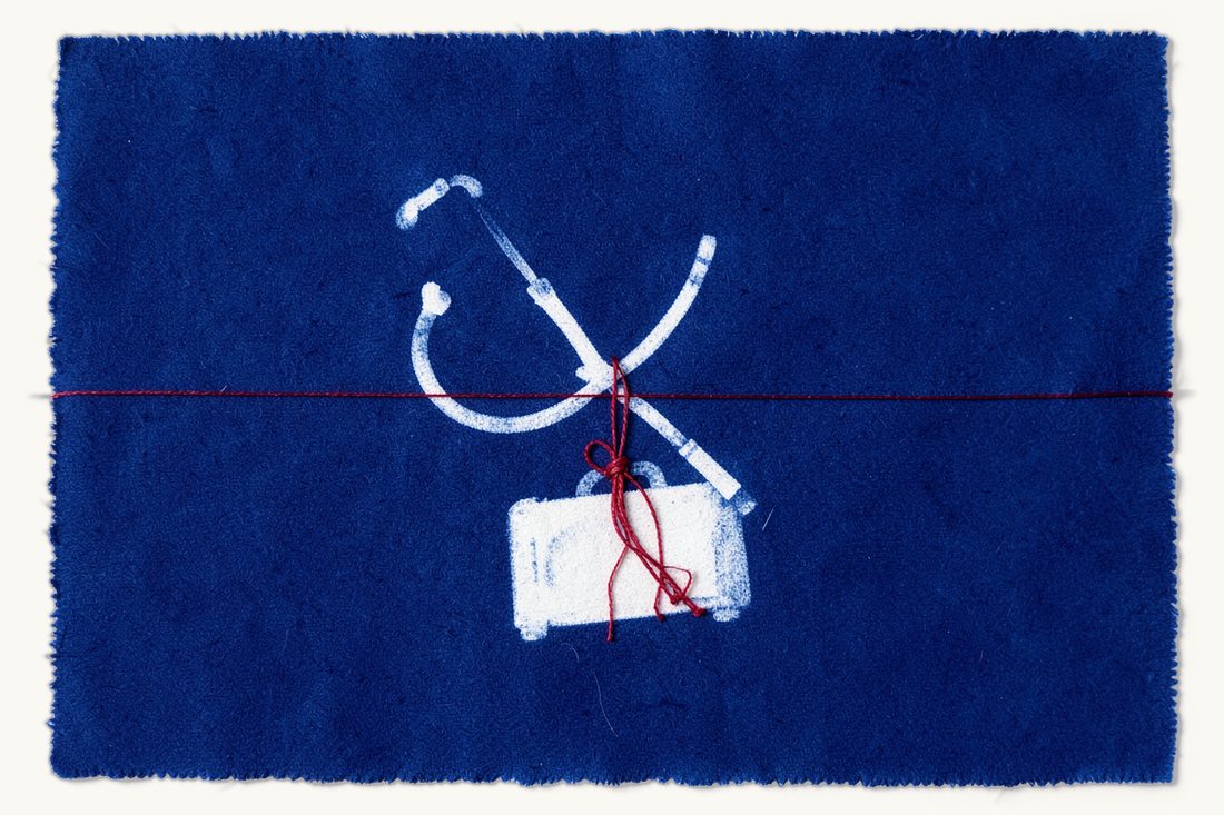 Medical malpractice after treatment in Turkey: a large coiled stethoscope looped around a small suitcase, the red thread hanging from the suitcase in a tangled knot, cyanotype print