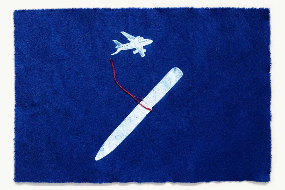 Medical malpractice after treatment in Turkey: a large scalpel lying diagonally, a small airplane above it, the red thread from the airplane broken into two loose ends before the scalpel, cyanotype print