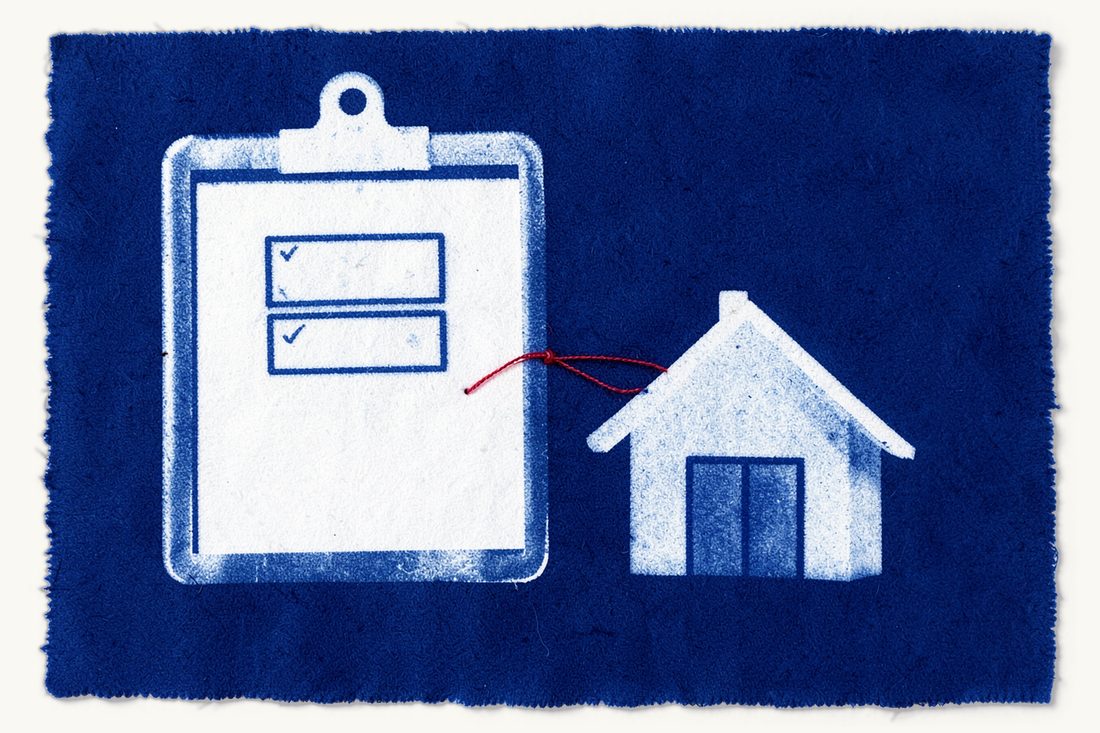 Property due diligence before payment: a large clipboard with three ticked empty boxes and no writing, tied by the red thread to the chimney of a small house, cyanotype print