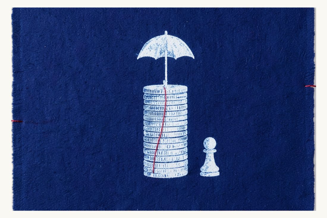 Direct claim against the compulsory traffic insurer: a tall stack of silver coins under a small open umbrella, a red thread running straight to it from a white chess pawn, cyanotype print