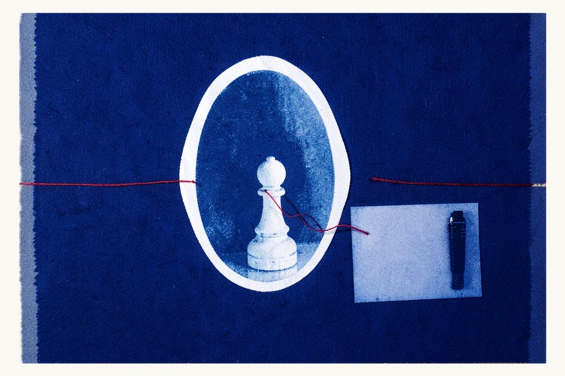 An athlete's image rights in commercial deals: a large oval mirror reflecting a white chess pawn, with a red thread running from the reflection to a blank sheet and a fountain pen, cyanotype print