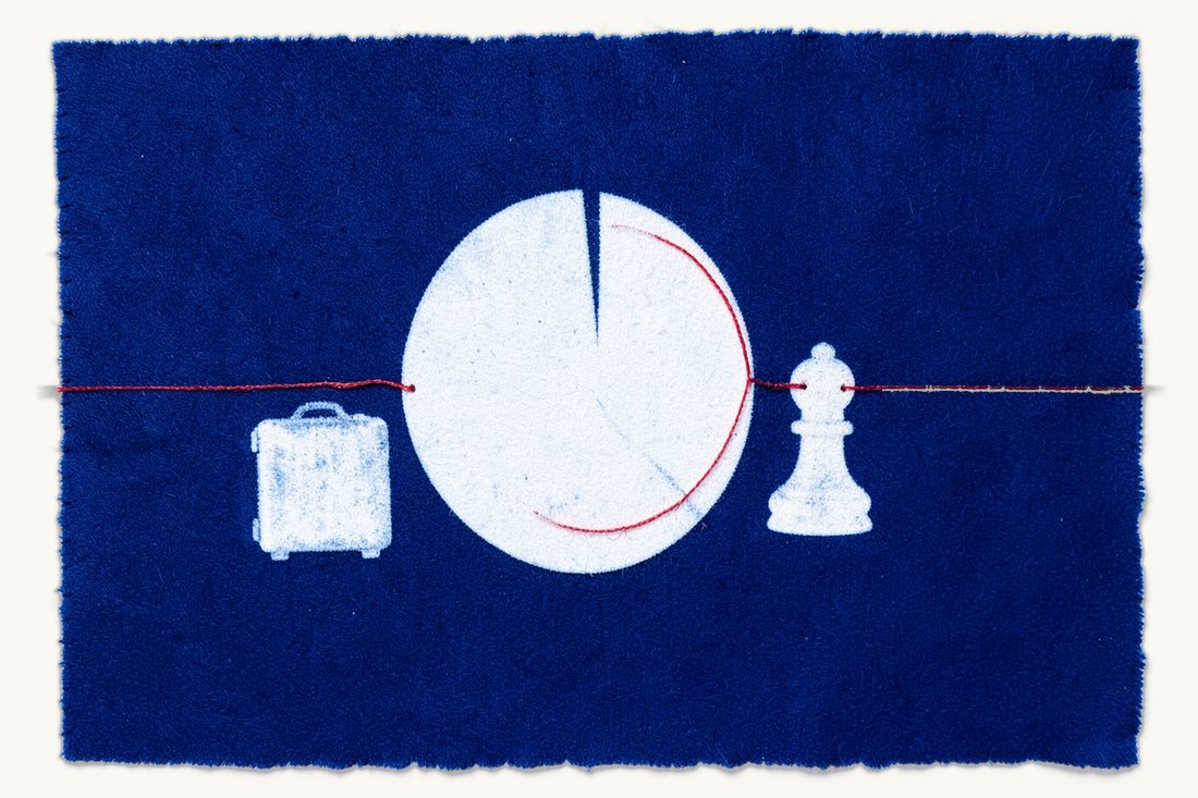 Turkish tax for foreign individuals and businesses: a large round disc with one wedge-shaped slice cut out and set apart, a red thread circling the slice, a small chess pawn beside a suitcase, cyanotype print