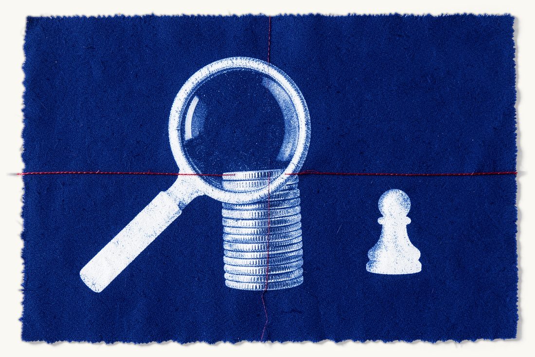 Turkish tax for foreign individuals and businesses: a large magnifying glass over a tall stack of coins, a red thread running from its handle to a small chess pawn, cyanotype print