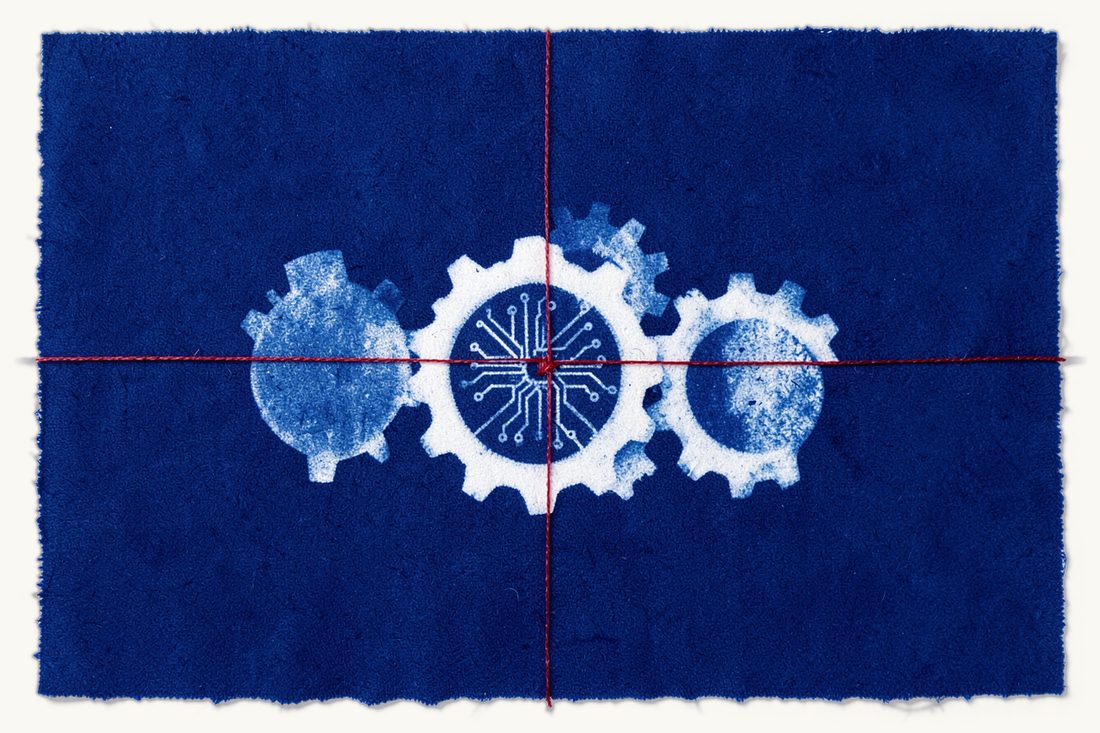 Several Turkish statutes acting together for technology, AI and cybersecurity: three meshed gear wheels, the largest patterned with circuit traces, held together by a red thread, cyanotype print