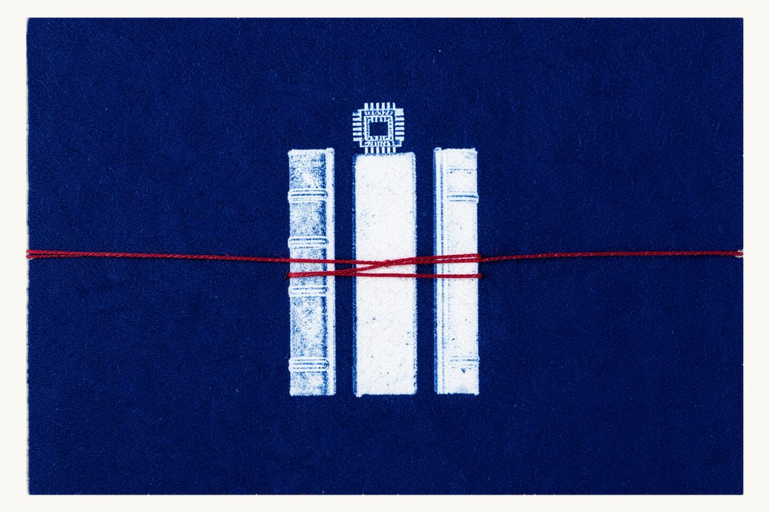 Several Turkish statutes forming one framework for technology, AI and cybersecurity: three thick books bound together by a red thread, a small microchip resting on top, cyanotype print